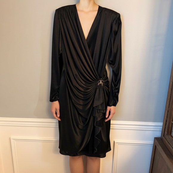 Vintage 80’s Abby Kent Black Long Sleeve Draped Dress Sz 11/12 - Picture 3 of 8